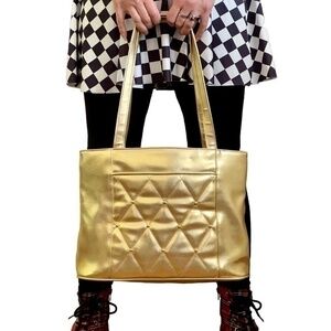 1990s BH Smith Gold Quilted Faux Leather Shoulder Bag Vintage Shopper Tote Purse